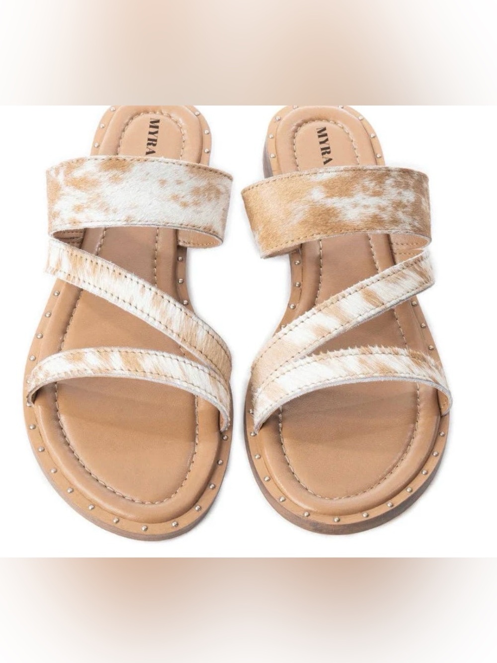 Neutral Cowhide Strappy Slide Sandals Ranch Ridge Slides In brown & White